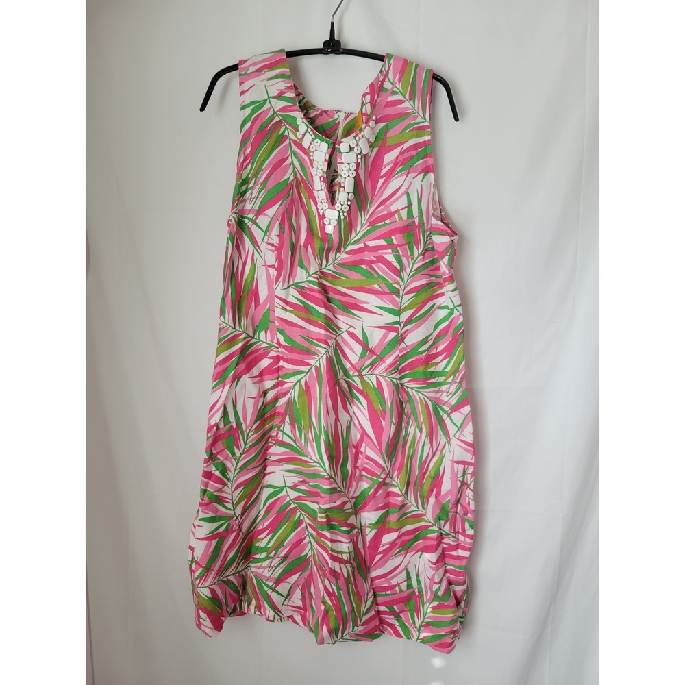 Ruby Rd. Women's Size 12 Tropical Palm Leaf Keyhole Sleeveless Dress Pink Green